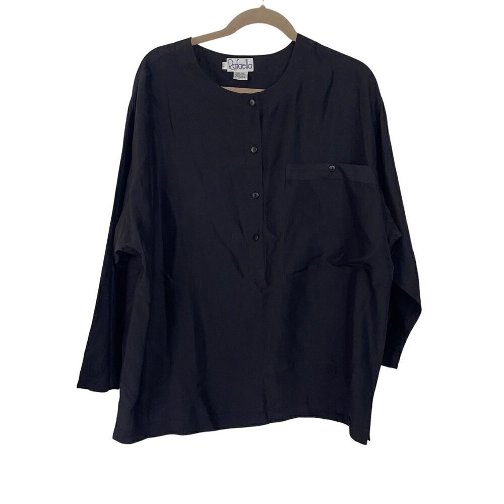 Rafaella Vintage Womens Shirt Size Large Black Long Sleeve Crew Neck Pure Silk